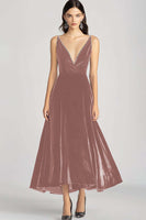 Load image into Gallery viewer, Burgundy Velvet V-Neck A Line Long Formal Dress