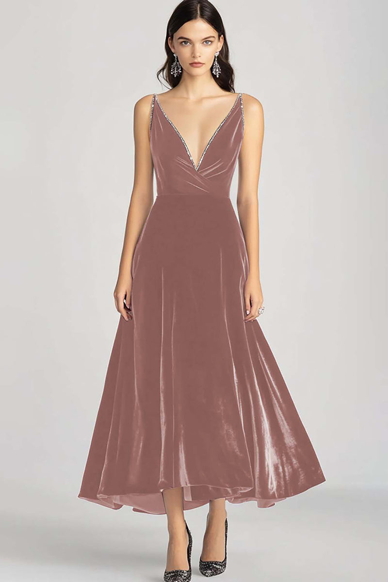 Load image into Gallery viewer, Burgundy Velvet V-Neck A Line Long Formal Dress