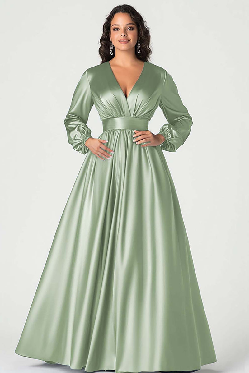 Load image into Gallery viewer, Queendancer Women Dusty Sage Satin Mother of the Bride Dress Long Sleeves Ball Gown V-Neck Pleated A Line Long Wedding Guest Dress
