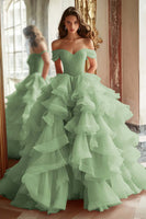 Load image into Gallery viewer, Pink Ball Gown A Line Tulle Off the Shoulder Tiered Long Quinceanera Dress with Ruffles