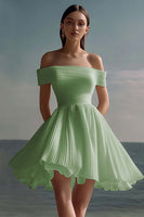 Load image into Gallery viewer, Dusty Sage Off the Shoulder Chiffon Mini Graduation Dress