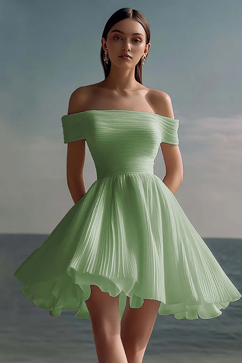 Load image into Gallery viewer, Dusty Sage Off the Shoulder Chiffon Mini Graduation Dress