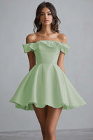 Load image into Gallery viewer, Dusty Blue A Line Off the Shoulder Satin Mini Graduation Dress with Ruffles