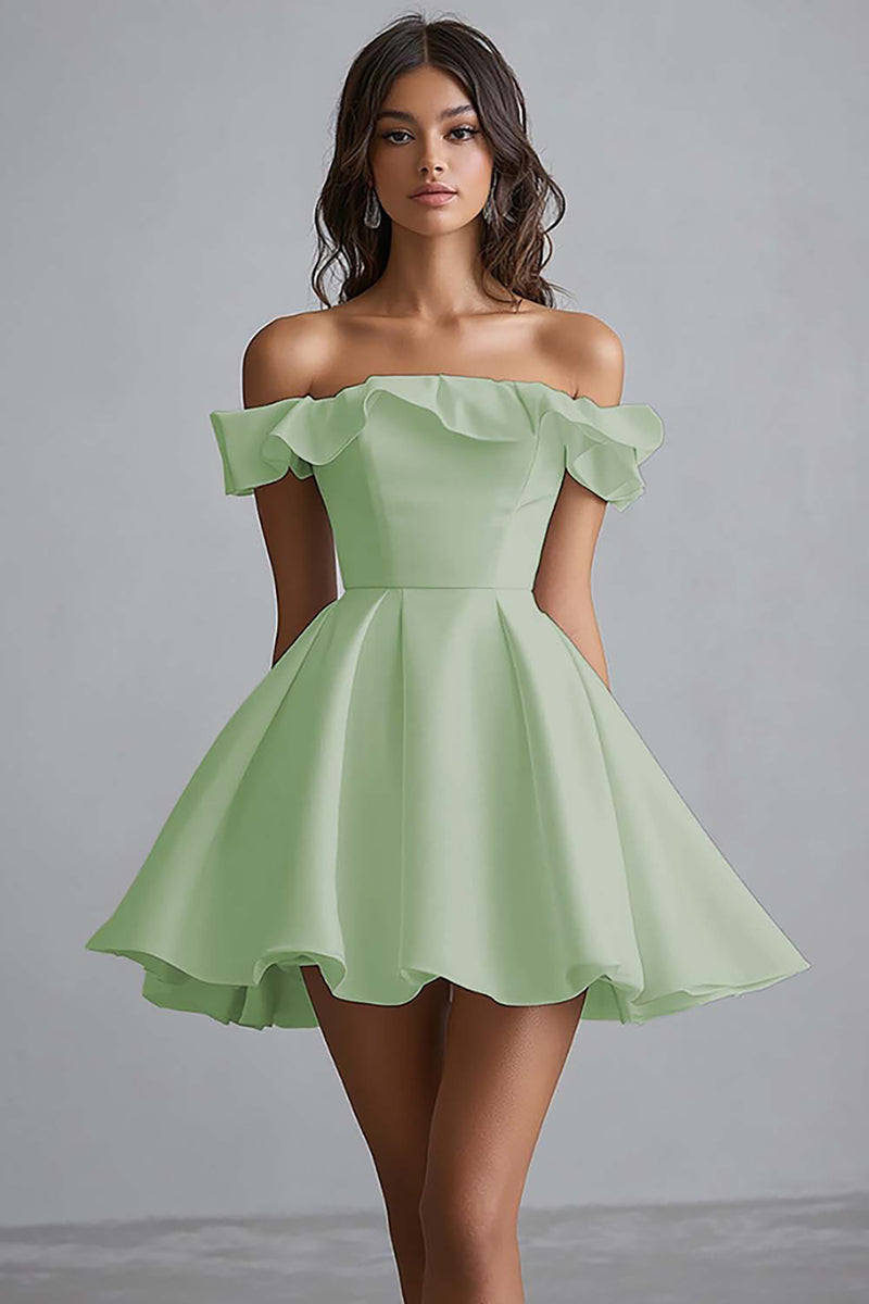 Load image into Gallery viewer, Dusty Blue A Line Off the Shoulder Satin Mini Graduation Dress with Ruffles