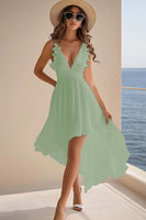 Load image into Gallery viewer, Queendancer Women Dusty Sage Chiffon High Low Rehearsai Dinner Dress Ruffled A Line Spaghetti Straps Boho Summer Dress