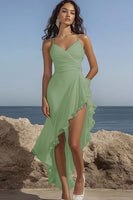 Load image into Gallery viewer, Queendancer Women Dusty Sage Chiffon High-Low Rehearsal Dinner Dress with Ruffles V-Neck Spaghetti Straps Ruched Long Engagement Dress