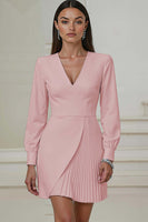 Load image into Gallery viewer, Ivory Pencil V-Neck Pleated Long Sleeves Mini Work Dress