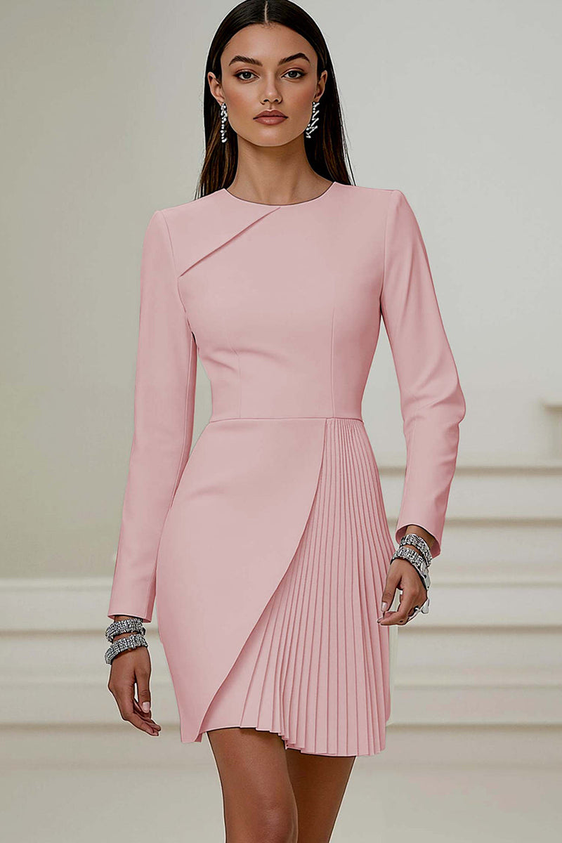 Load image into Gallery viewer, Queendancer Women Ivory Pleated Short Work Dress Long Sleeves Pencil Round Neck Business Dress