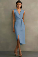 Load image into Gallery viewer, White Satin Bodycon V-Neck Mid-Calf Work Dress with Slit