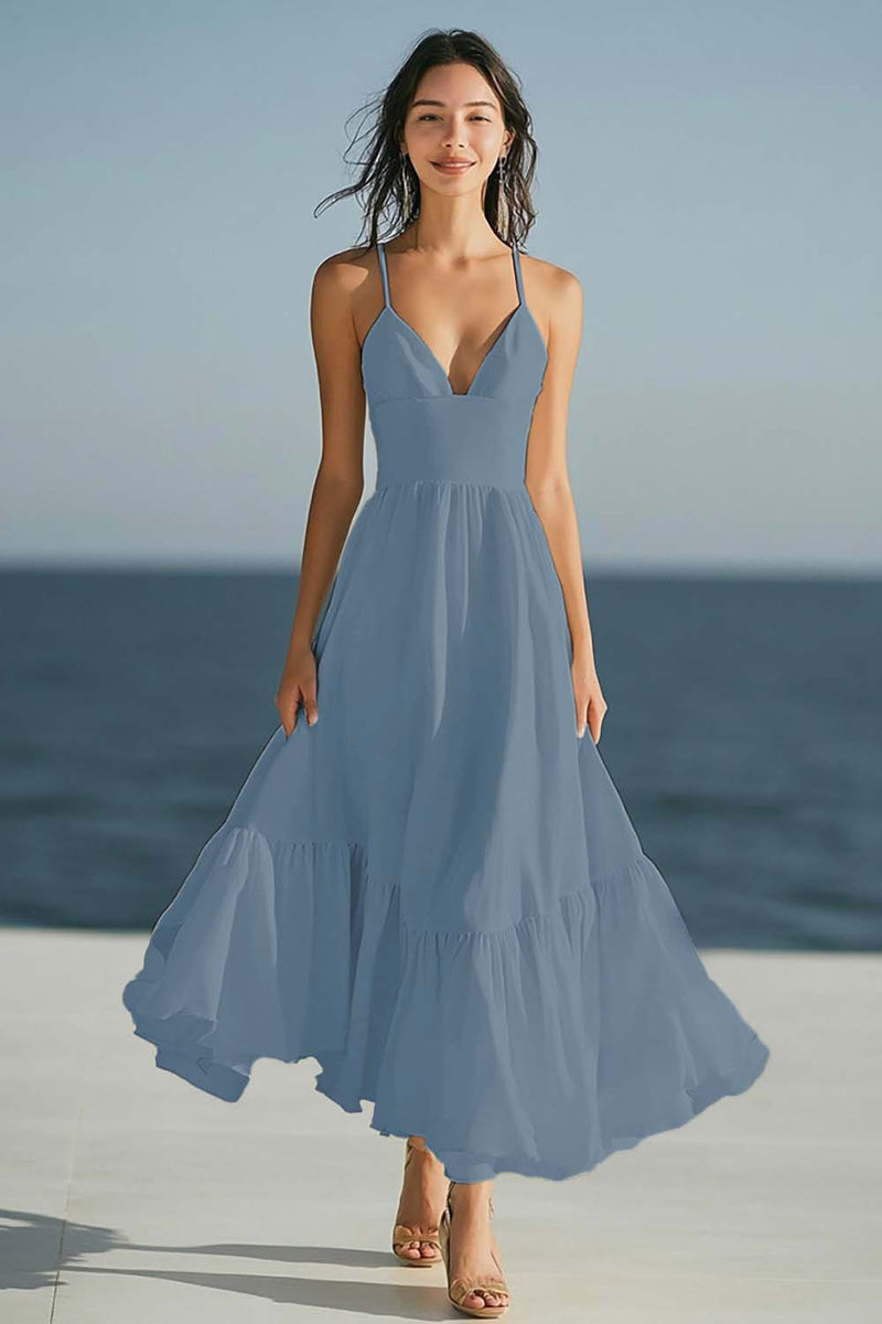 Load image into Gallery viewer, Dusty Sage Spaghetti Straps A Line  Beach Long Engagement Dress