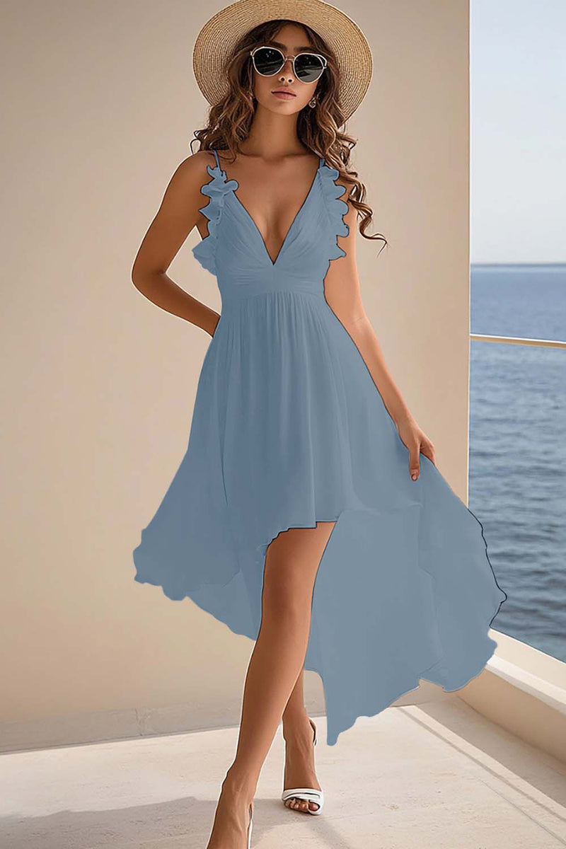 Load image into Gallery viewer, Queendancer Women White Chiffon High Low Rehearsal Dinner Dress with Ruffles A Line Spaghetti Straps Boho Summer Dress