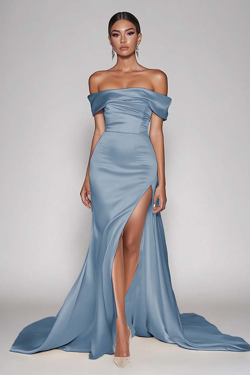 Load image into Gallery viewer, Dark Green Satin Off the Shoulder Sheath Long Prom Dress with Slit