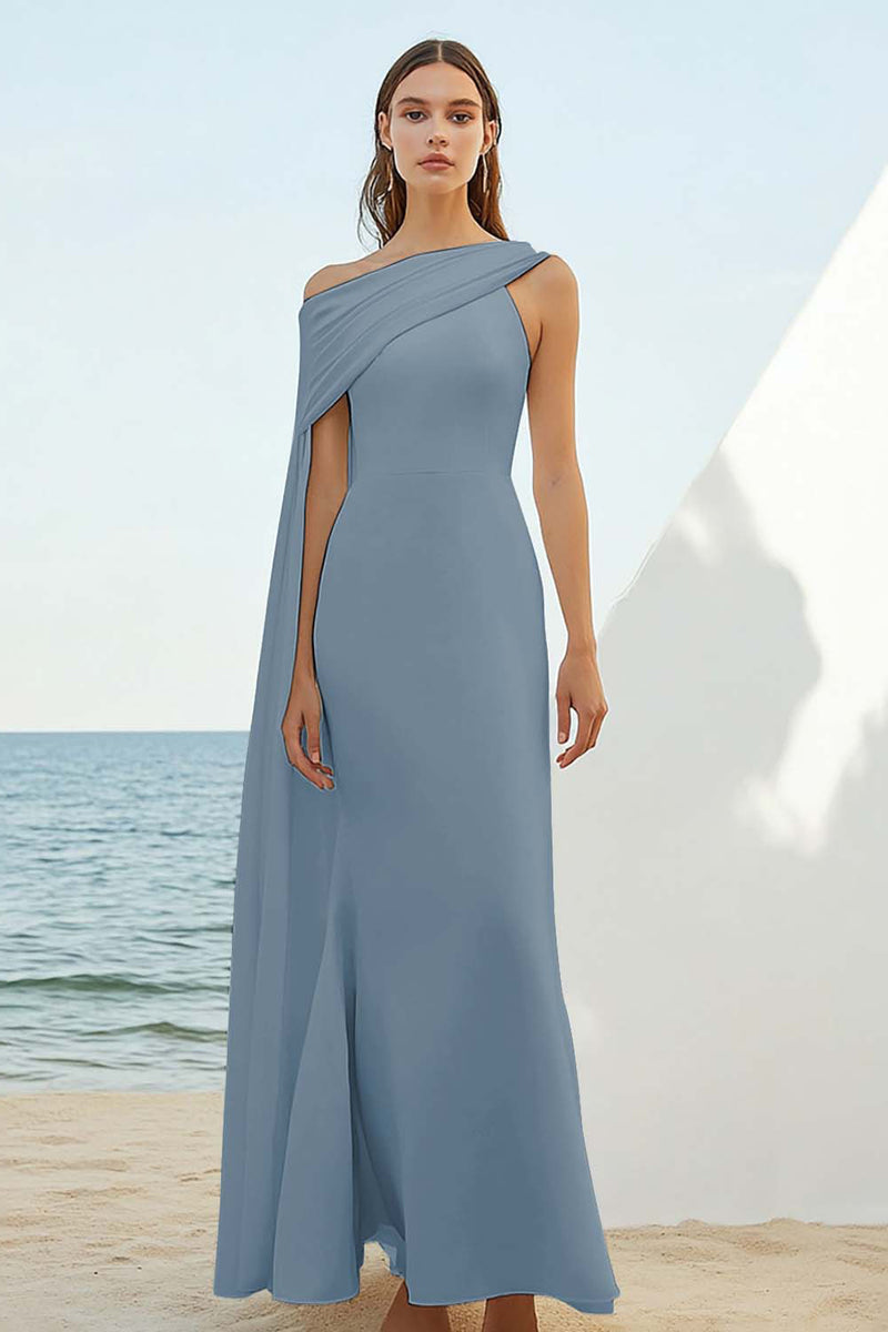 Load image into Gallery viewer, Chiffon Dusty Blue Asymmetrical Sheath Rehearsal Dinner Dress