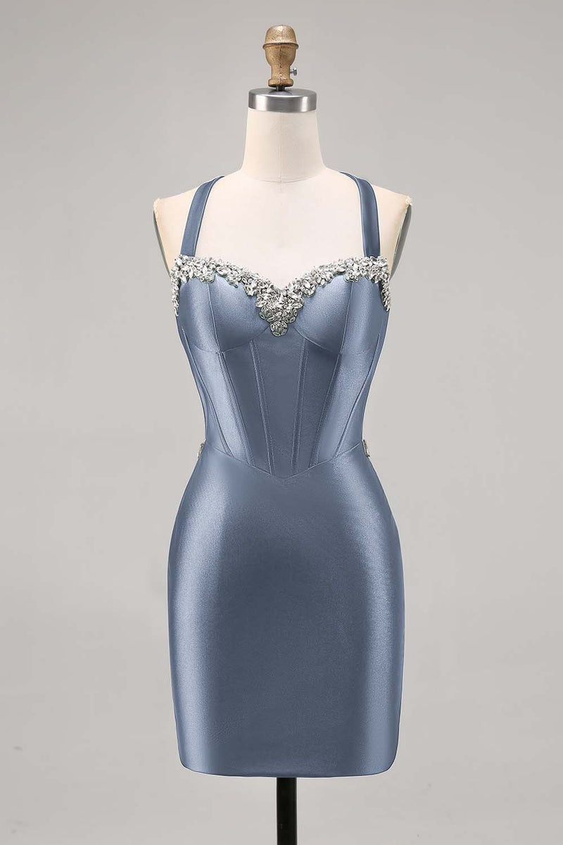 Load image into Gallery viewer, Sparkly Dark Green Satin Corset Tight Short Homecoming Dress with Beading