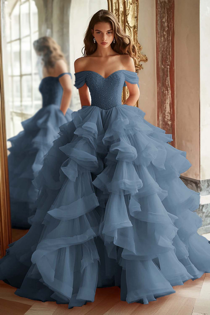 Load image into Gallery viewer, Pink Ball Gown A Line Tulle Off the Shoulder Tiered Long Quinceanera Dress with Ruffles