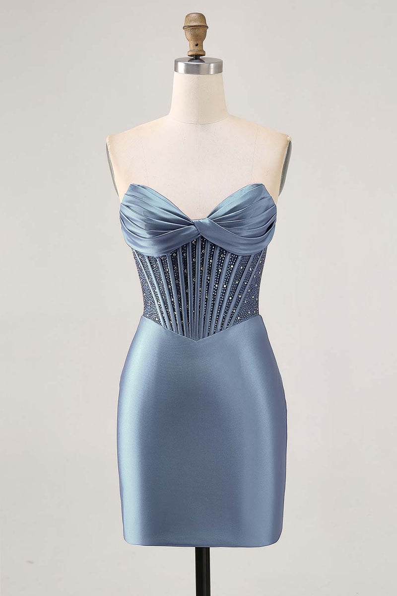 Load image into Gallery viewer, Sparkly Fuchsia Strapless Short Tight Corset Satin Homecoming Dress