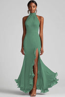 Load image into Gallery viewer, Queendancer Women Elegant Eucalyptus Formal Dress with Slit Sheath High Neck Ruffled Black Tie Dress