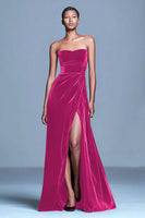 Load image into Gallery viewer, Burgundy Strapless Velvet Long Holiday Party Dress with Slit