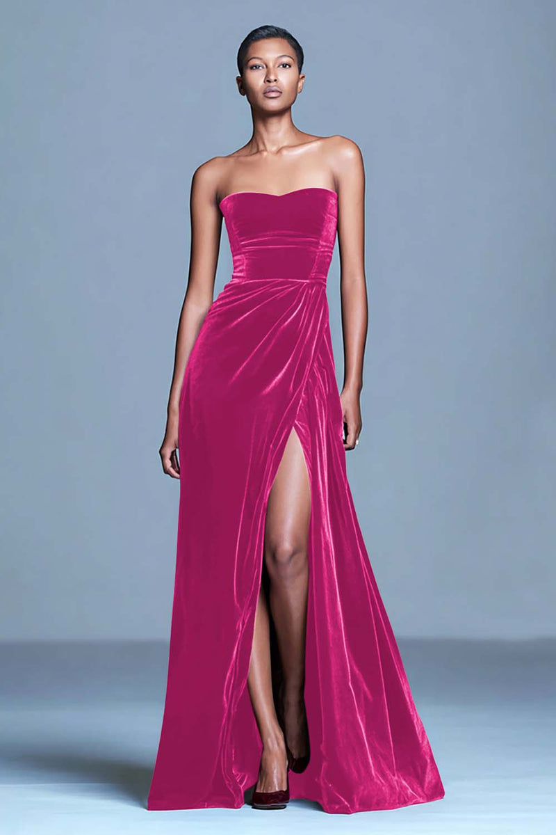 Load image into Gallery viewer, Burgundy Strapless Velvet Long Holiday Party Dress with Slit