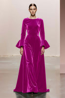 Load image into Gallery viewer, Dark Green Velvet A Line Round Neck Long Sleeves Formal Dress