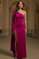 Load image into Gallery viewer, Dark Green Velvet Sheath One Shoulder Long Holiday Party Dress with Slit