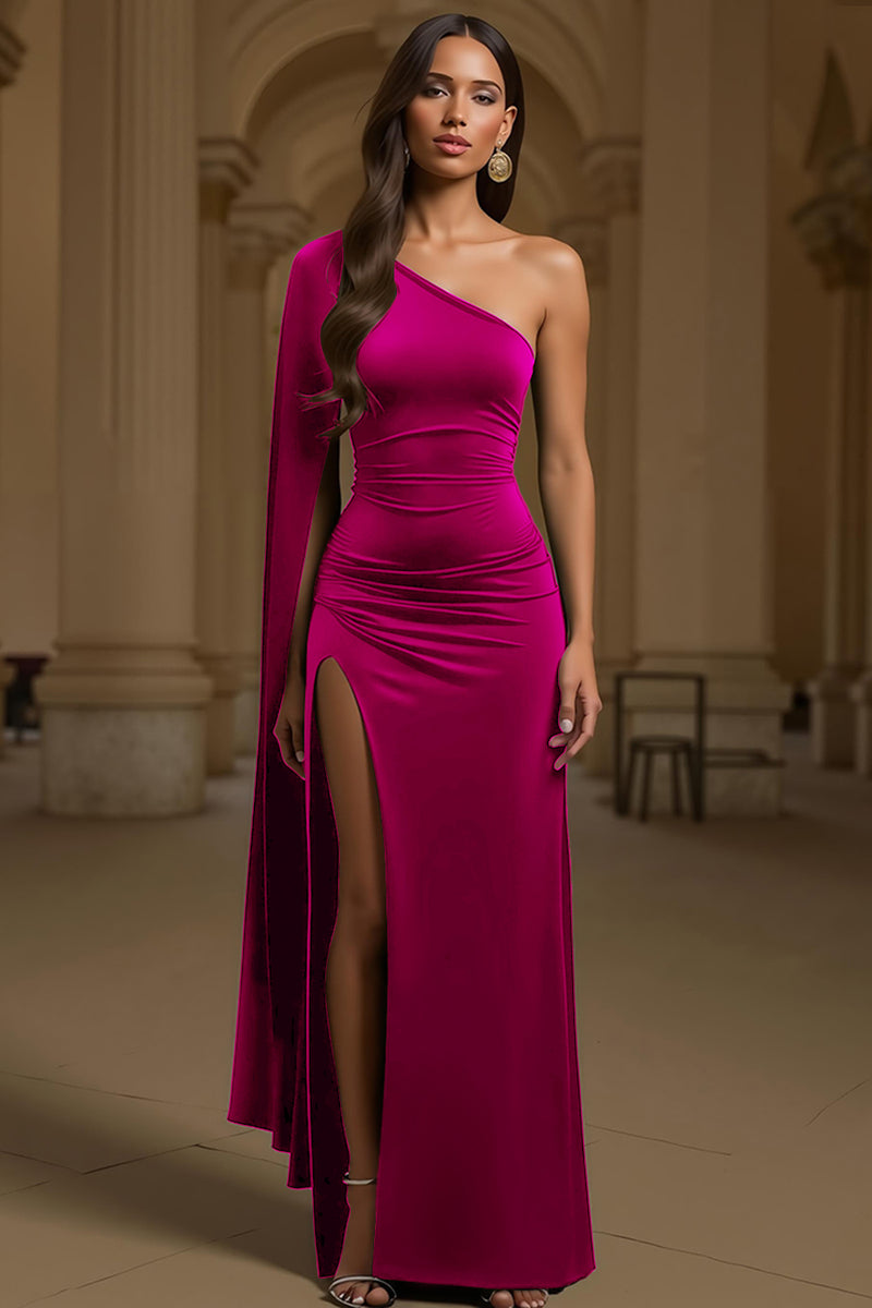 Load image into Gallery viewer, Dark Green Velvet Sheath One Shoulder Long Holiday Party Dress with Slit