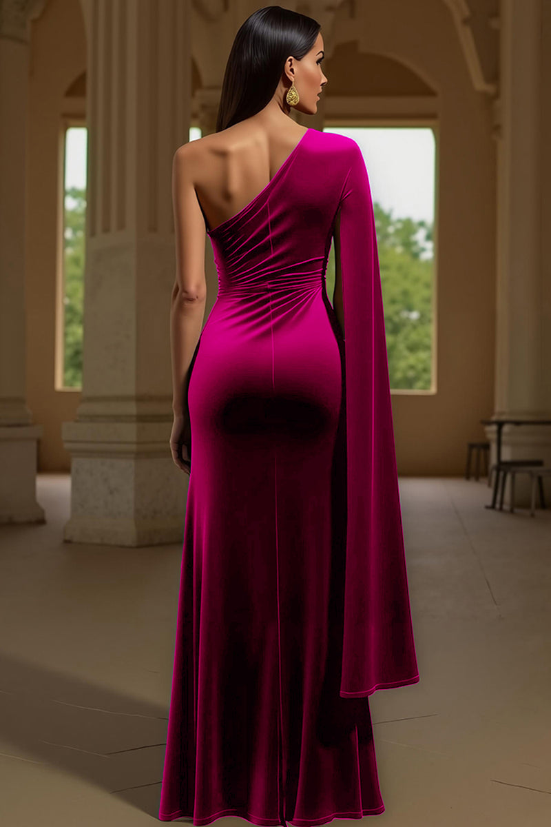 Load image into Gallery viewer, Dark Green Velvet Sheath One Shoulder Long Holiday Party Dress with Slit