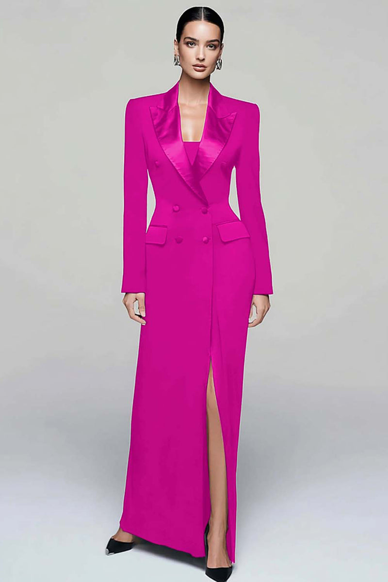 Load image into Gallery viewer, Queendancer Women Black Pencil Long Sleeves Blazer Dress with Slit Peak Lapel Double Breasted Coat Dress