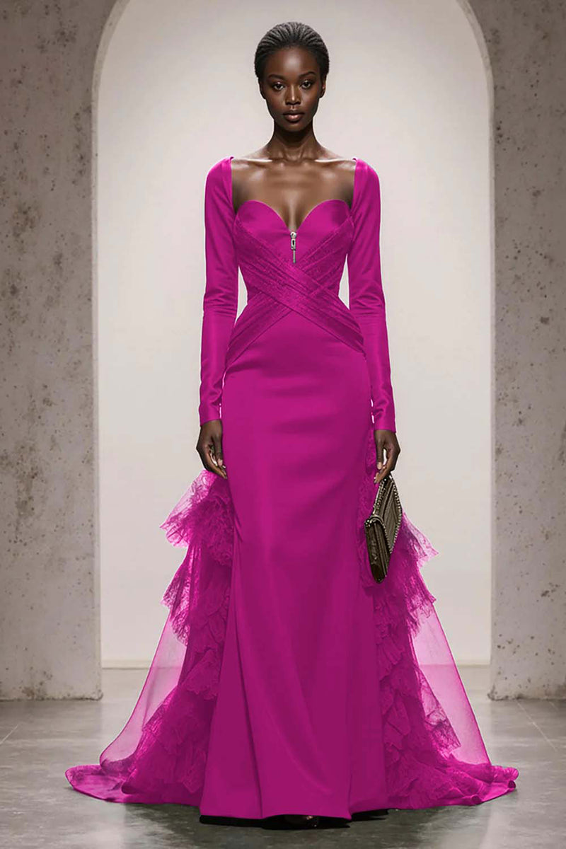 Load image into Gallery viewer, Dark Green Satin Mermaid Sweetheart Long Sleeves Formal Dress with Tulle