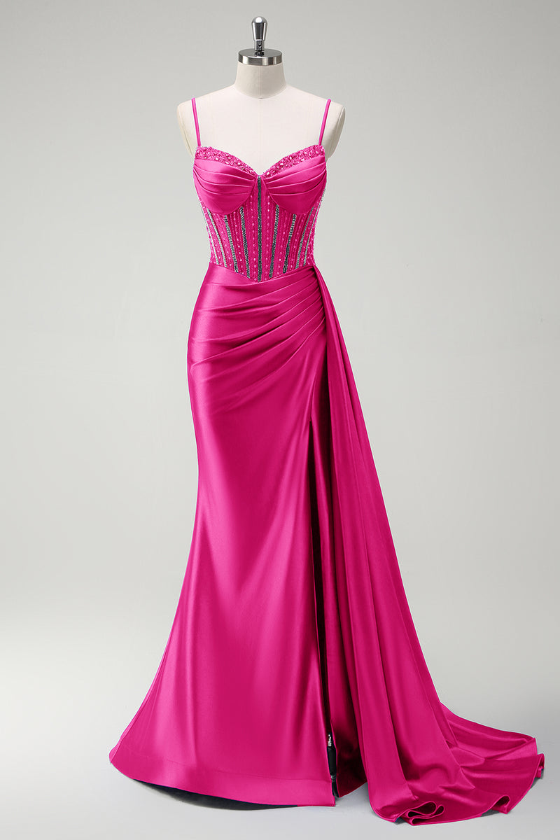 Modern Sage Green Satin Corset Prom Dress with Crystal Bodice and High Slit,OLP1885