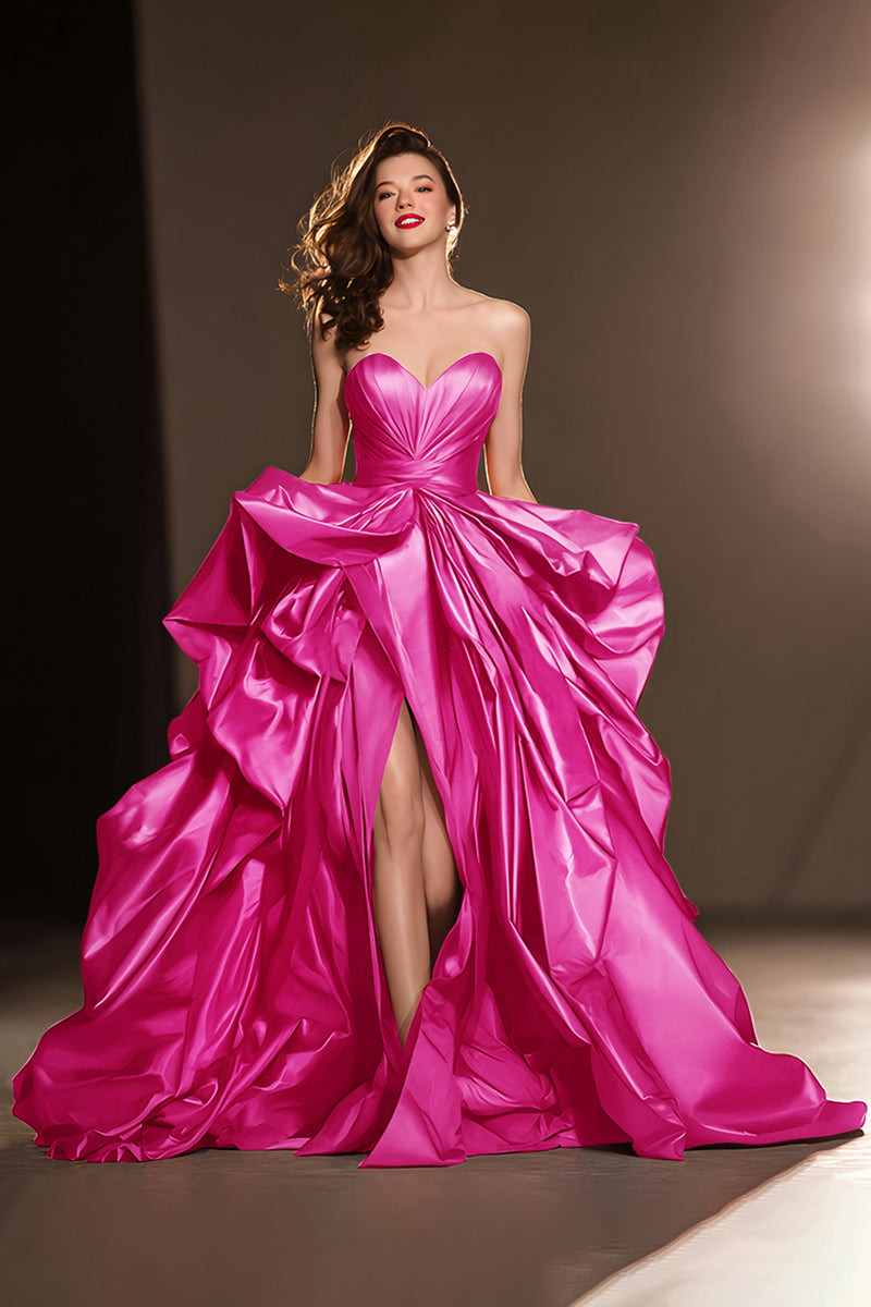 Load image into Gallery viewer, Dark Red A Line Satin Ruffled Sweetheart Ball Gown Long Pageant Dress with Slit