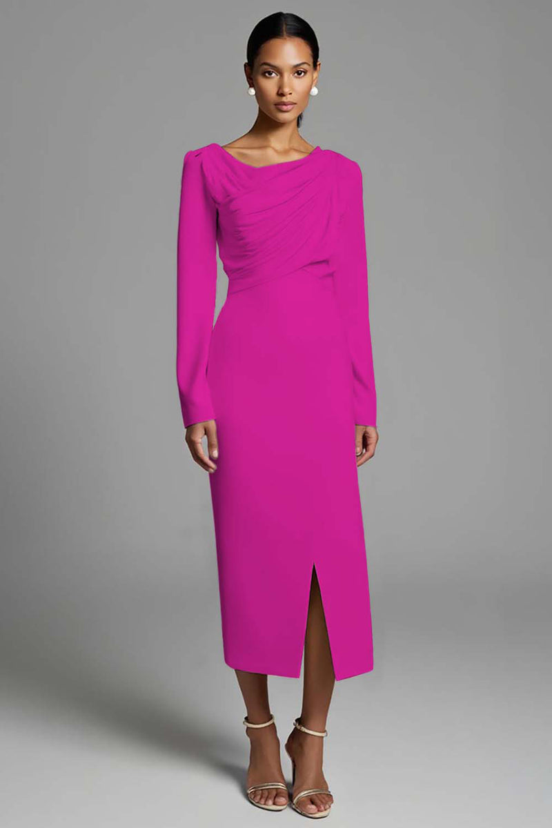 Load image into Gallery viewer, Ivory Sheath Ruched Long Sleeves Work Dress with Slit