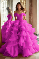Load image into Gallery viewer, Pink Ball Gown A Line Tulle Off the Shoulder Tiered Long Quinceanera Dress with Ruffles