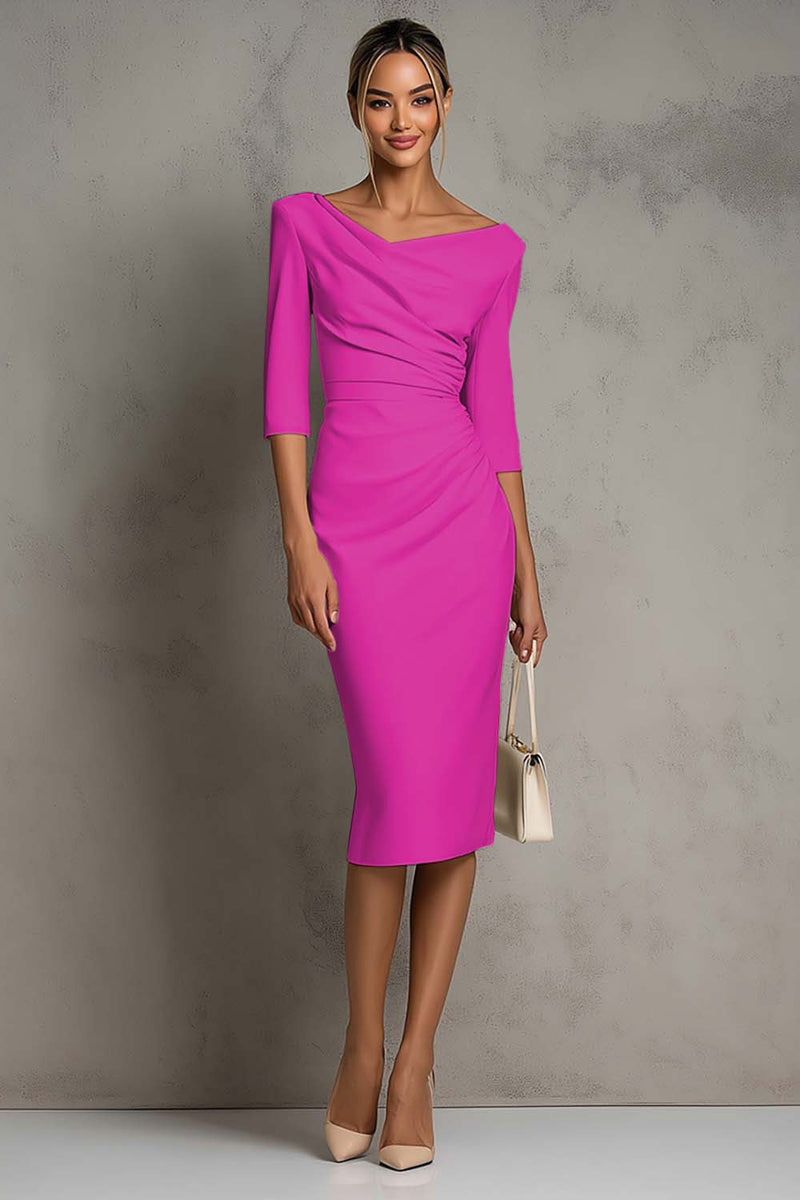 Load image into Gallery viewer, Simple Ivory Ruched Pencil Half Sleeves Midi Work Dress with Slit