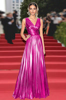 Load image into Gallery viewer, Gold V-Neck A Line Metallic Pleated Long Formal Dress