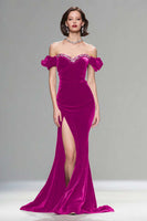 Load image into Gallery viewer, Sparkly Burgundy Velvet Off the Shoulder Long Holiday Party Dress with Beading