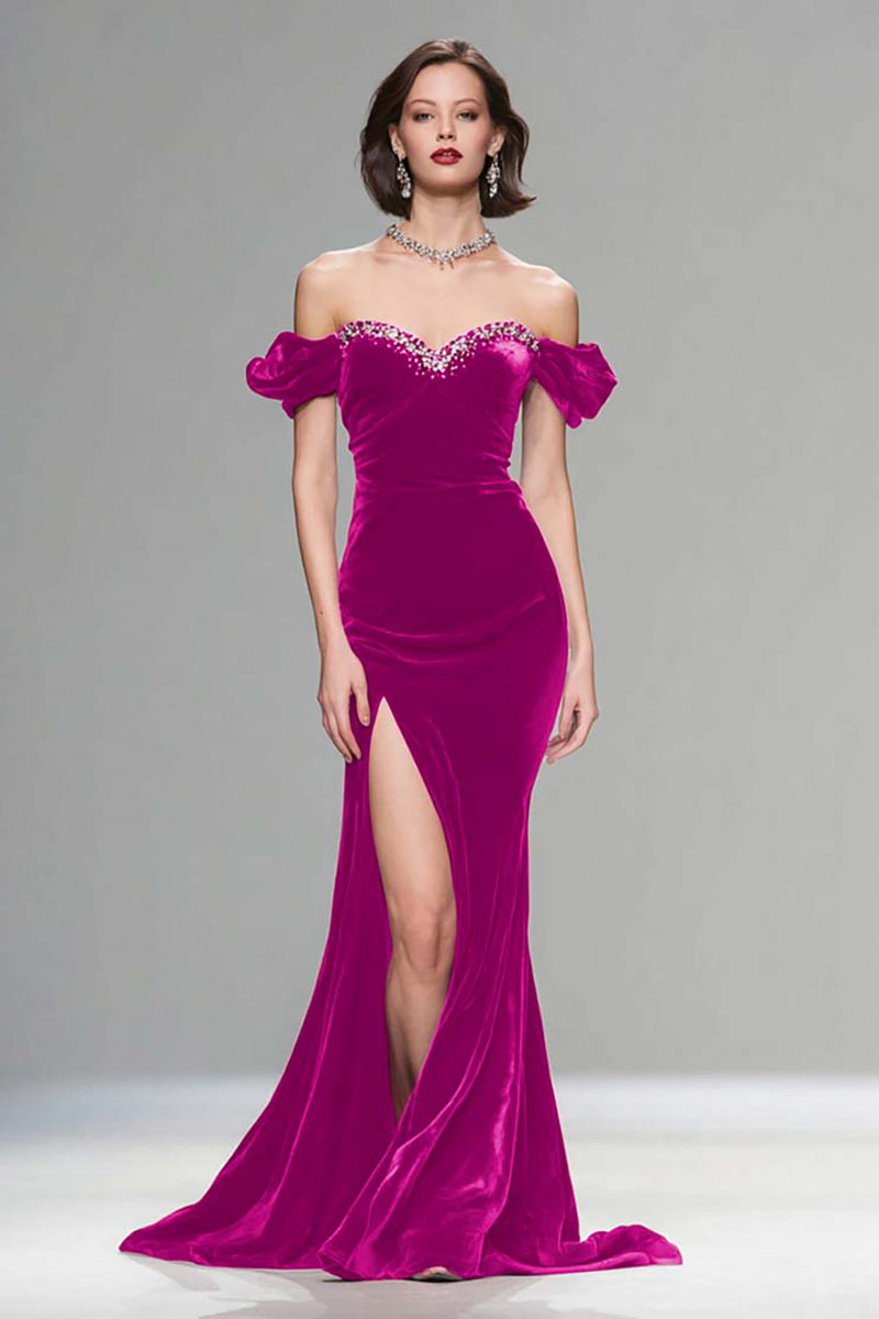 Load image into Gallery viewer, Sparkly Burgundy Velvet Off the Shoulder Long Holiday Party Dress with Beading