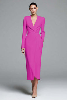 Dusty Rose Sheath Satin V-Neck Ruched Long Sleeves Work Dress