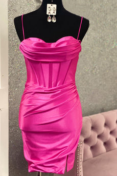 Fuchsia Spaghetti Straps Bodycon Corset Satin Short Homecoming Dress