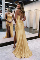 Load image into Gallery viewer, Golden Spaghetti Straps Satin Mermaid Prom Dress with Slit