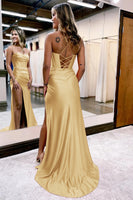 Load image into Gallery viewer, Golden Spaghetti Straps Satin Mermaid Prom Dress with Slit