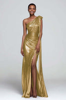 Load image into Gallery viewer, Sparkly Gold Metallic One Shoulder Ruched Long Formal Dress with Slit