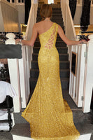 Load image into Gallery viewer, Sheath One Shoulder White Sequins Long Prom Dress with Split Front