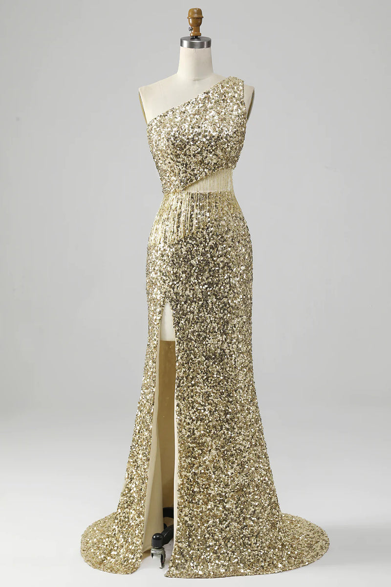 Load image into Gallery viewer, Sparkly Golden Mermaid One Shoulder Cut Out Long Prom Dress With Slit