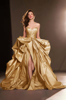 Load image into Gallery viewer, Dark Red A Line Satin Ruffled Sweetheart Ball Gown Long Pageant Dress with Slit