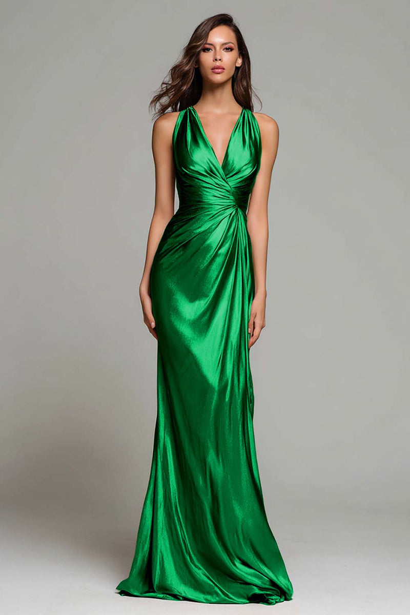 Load image into Gallery viewer, Sparkly Gold Metallic V-Neck Mermaid Ruched Long Formal Dress