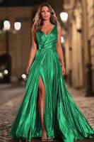 Load image into Gallery viewer, Sparkly Gold V-Neck Metallic A-Line Pleated Long Formal Dress with Slit
