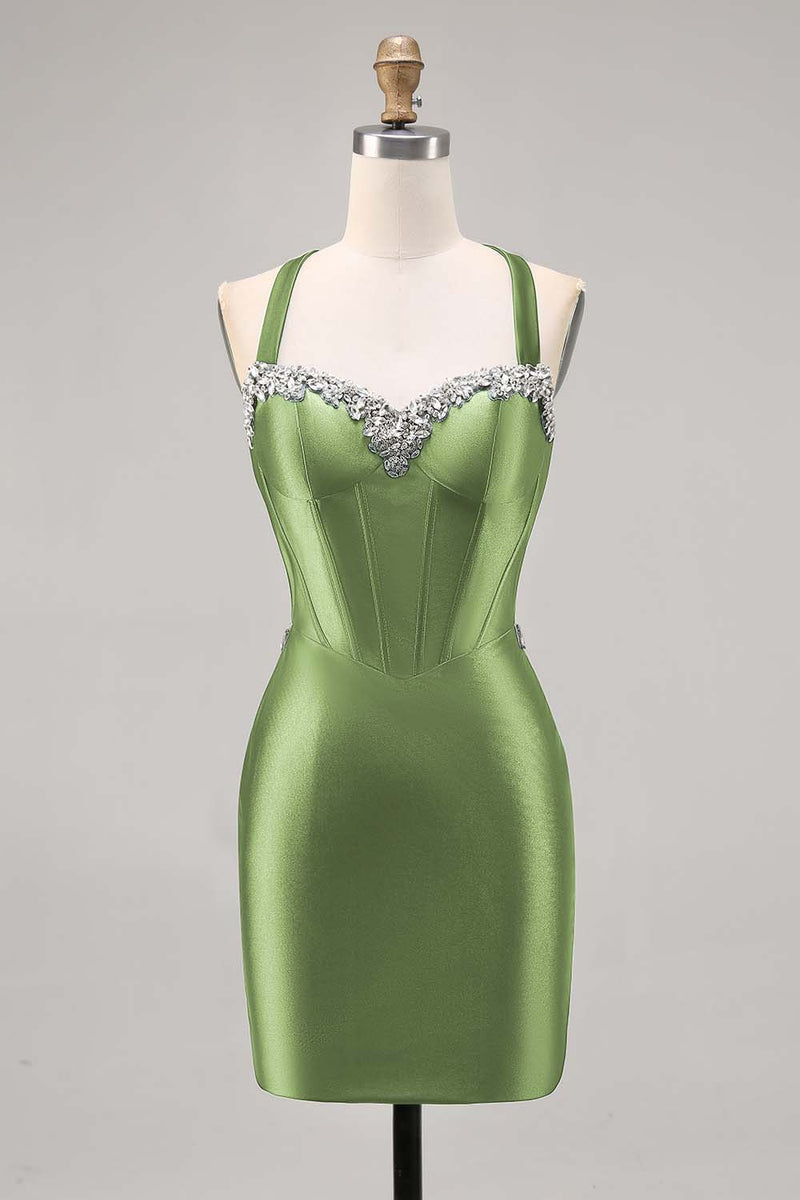 Load image into Gallery viewer, Sparkly Green Satin Corset Tight Short Homecoming Dress with Beading