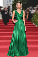 Load image into Gallery viewer, Gold V-Neck A Line Metallic Pleated Long Formal Dress