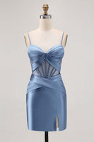 Load image into Gallery viewer, Grey Blue Satin Corset Ruched Tight Short Homecoming Dress with Slit